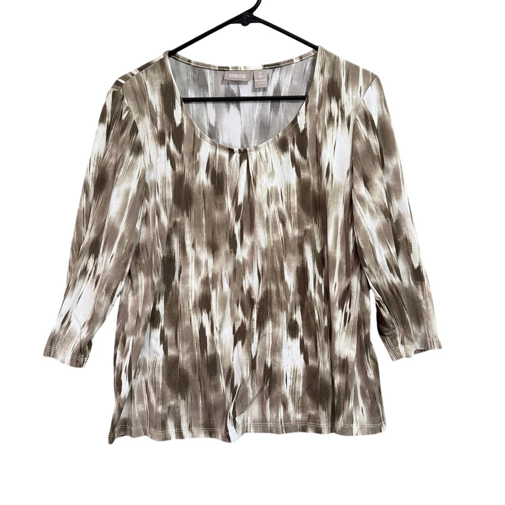Chicos Womens Blouse Taupe & White Abstract 3/4 Sleeve Scoop Neck Stretch 2 (L)